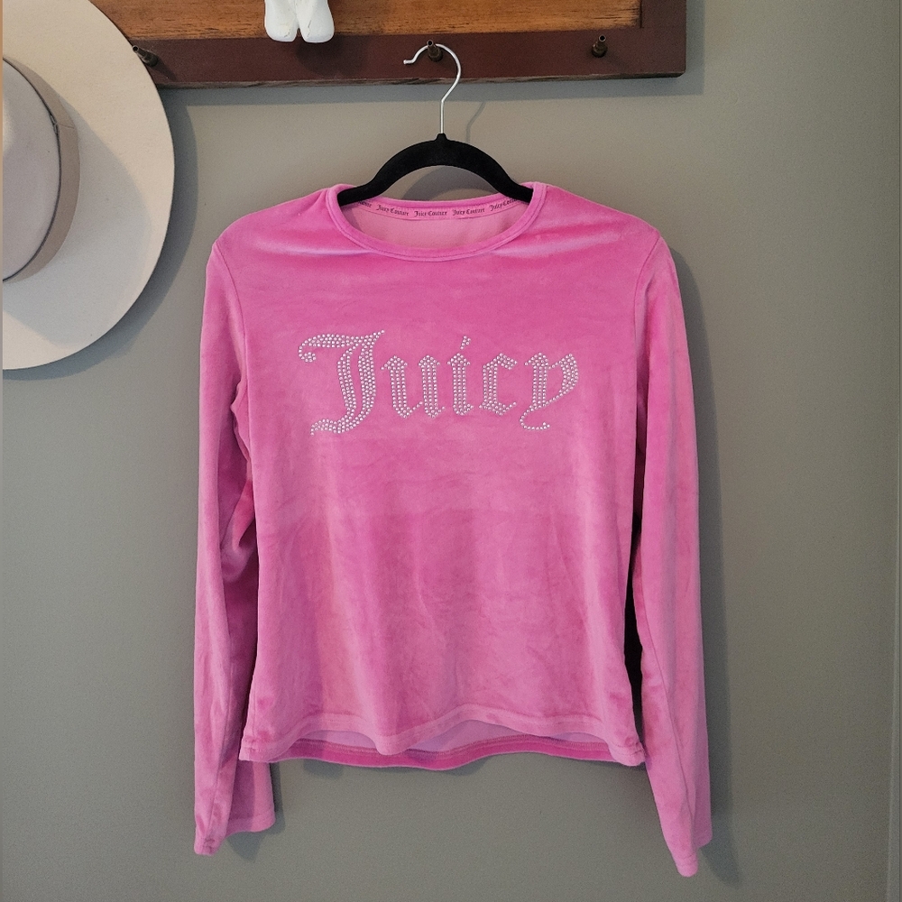 Juicy Couture Pink Velour Rhinestone Long Sleeve Top 90s Y2K Size Large - Picture 2 of 9